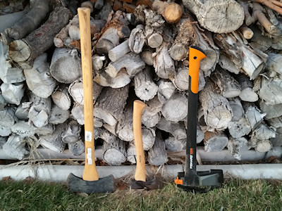 Size Comparison of the Wetterlings Outdoor Bushcraft Axe with Fiskars Splitting Axe and Full-Sized Axe